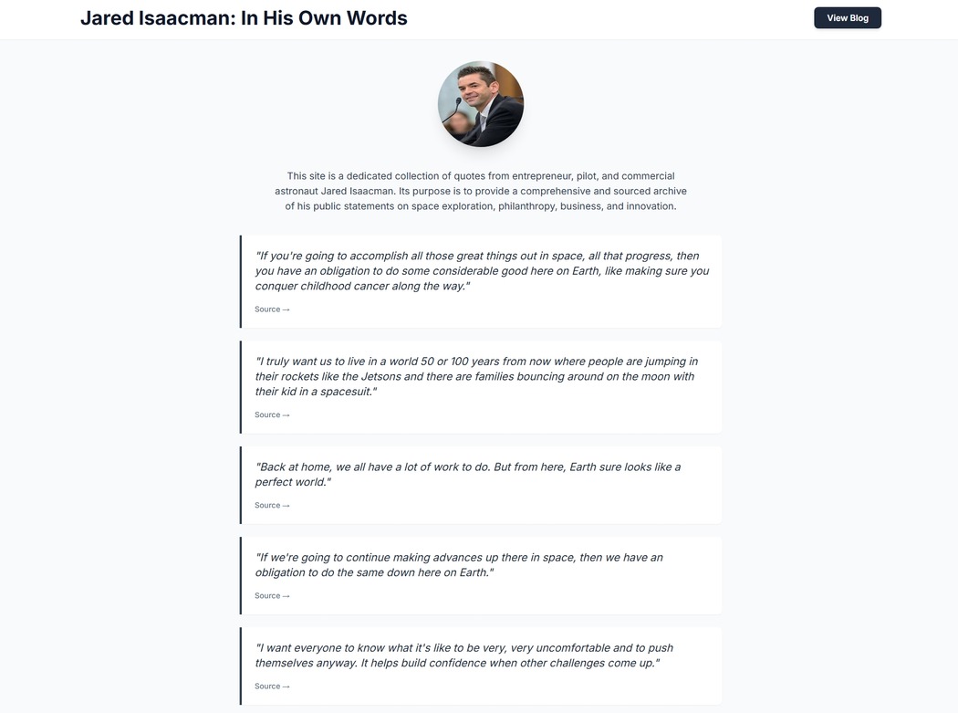 Example of a Data Turing generated website for Jared Isaacman, showing a collection of his quotes.