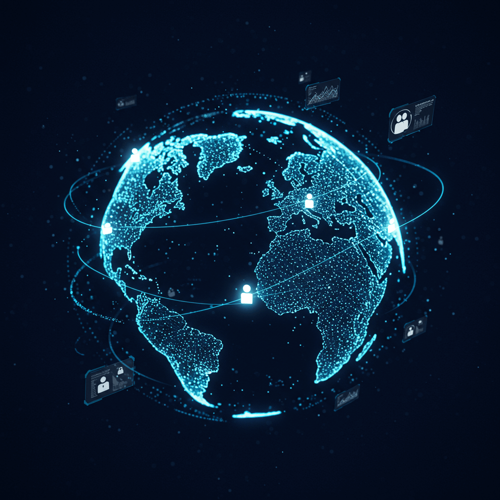 A digital rendering of the globe with glowing data points and network connections, representing Data Turing's global and decentralized infrastructure.